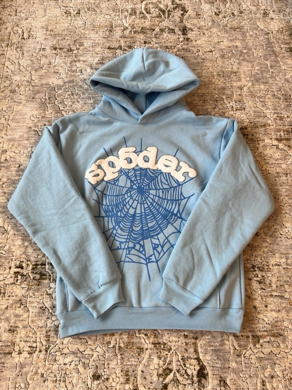 Light Blue Graphic Crewneck Hoodie with Spiderweb Motif